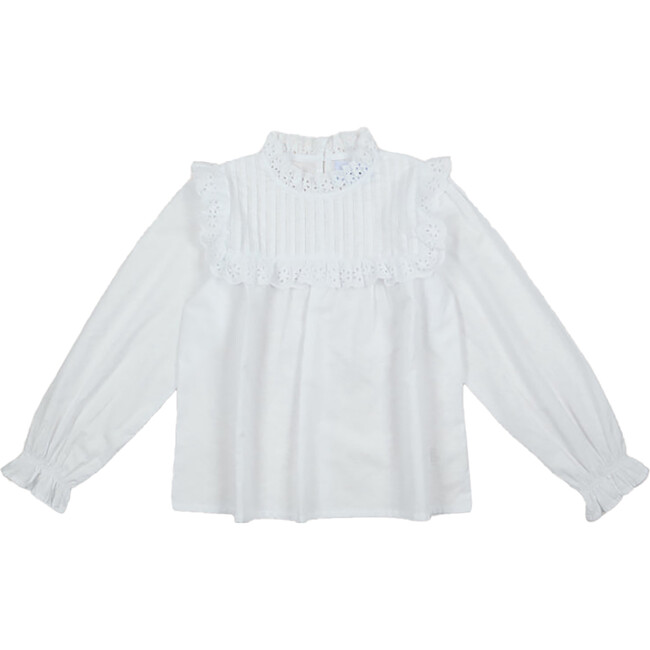 Pinecrest Embroidered Ruffle Round Neck Blouse, White