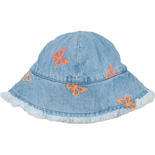 Burbank Butterfly Embroidered Denim Bucket Hat, Blue