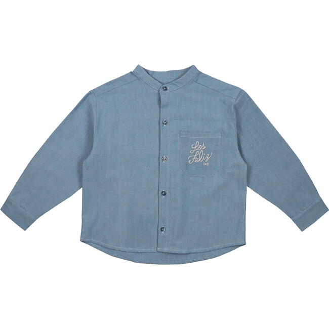 Malibu Washed Chambre Mao Collar Long Sleeve Shirt, Blue