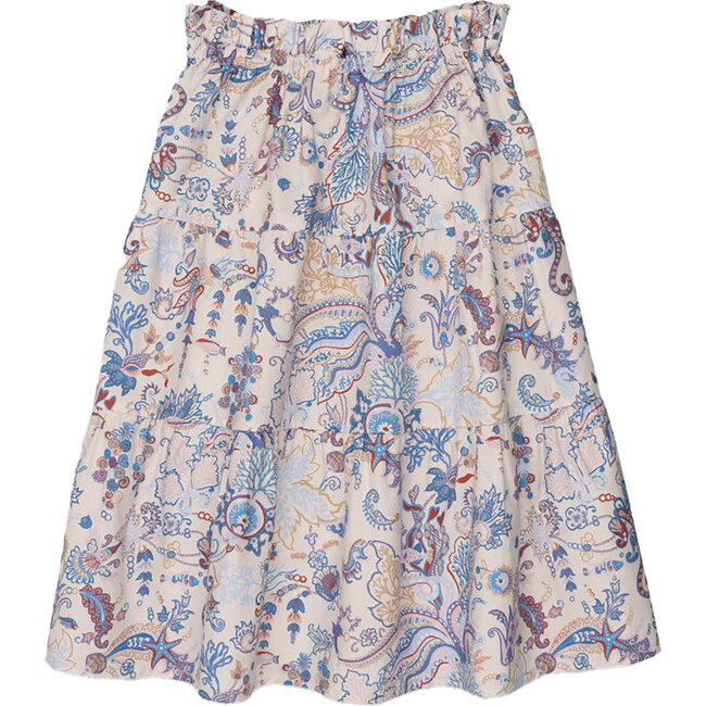 Ocean Print Drawstring A-Line Skirt, Blue & Beige