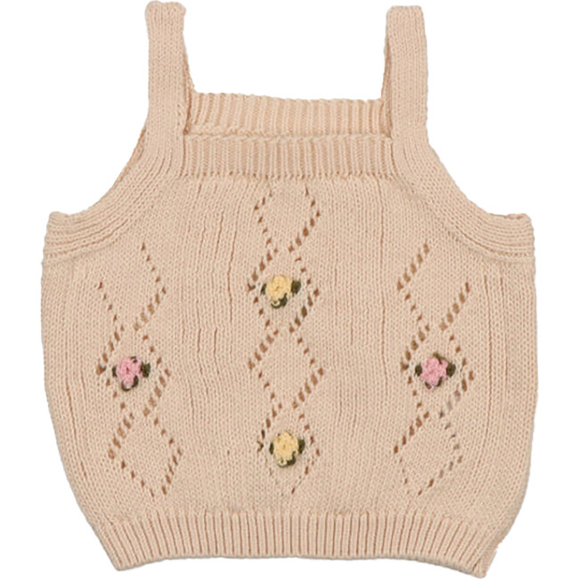 Baby Ambrose Knit Flowers Sleeveless Ribbed Straps Top, Beige
