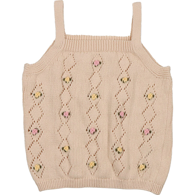 Ambrose Knit Flowers Sleeveless Ribbed Straps Top, Beige