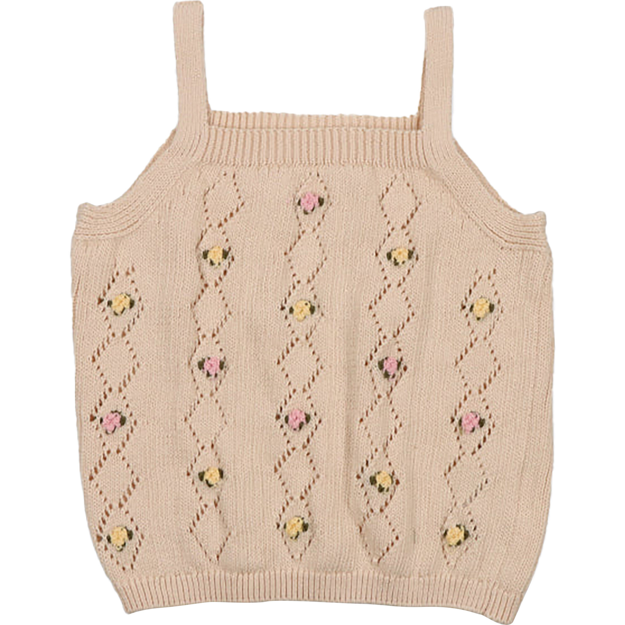 Ambrose Knit Flowers Sleeveless Ribbed Straps Top, Beige - Tank Tops - 1