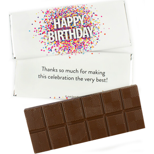 Happy Birthday Confetti Wrapped Belgian Milk Chocolate Candy Bar, Set of 18