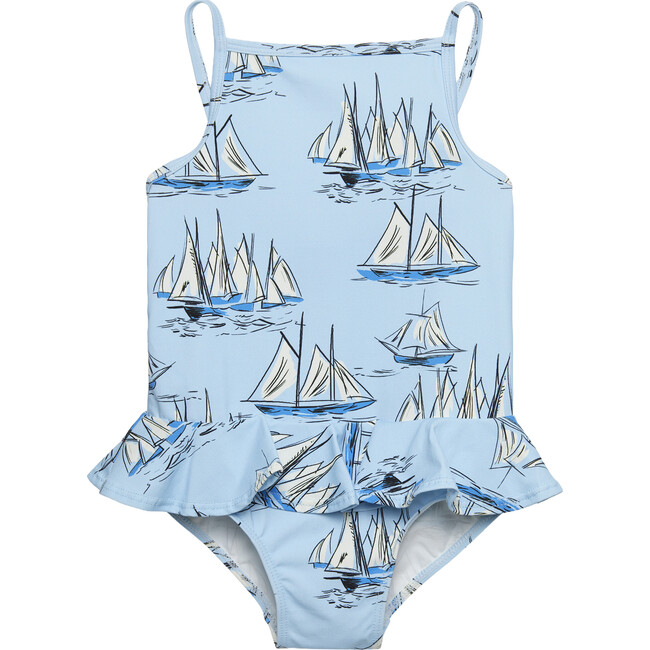 Sailboat Peplum Swimsuit, Blue