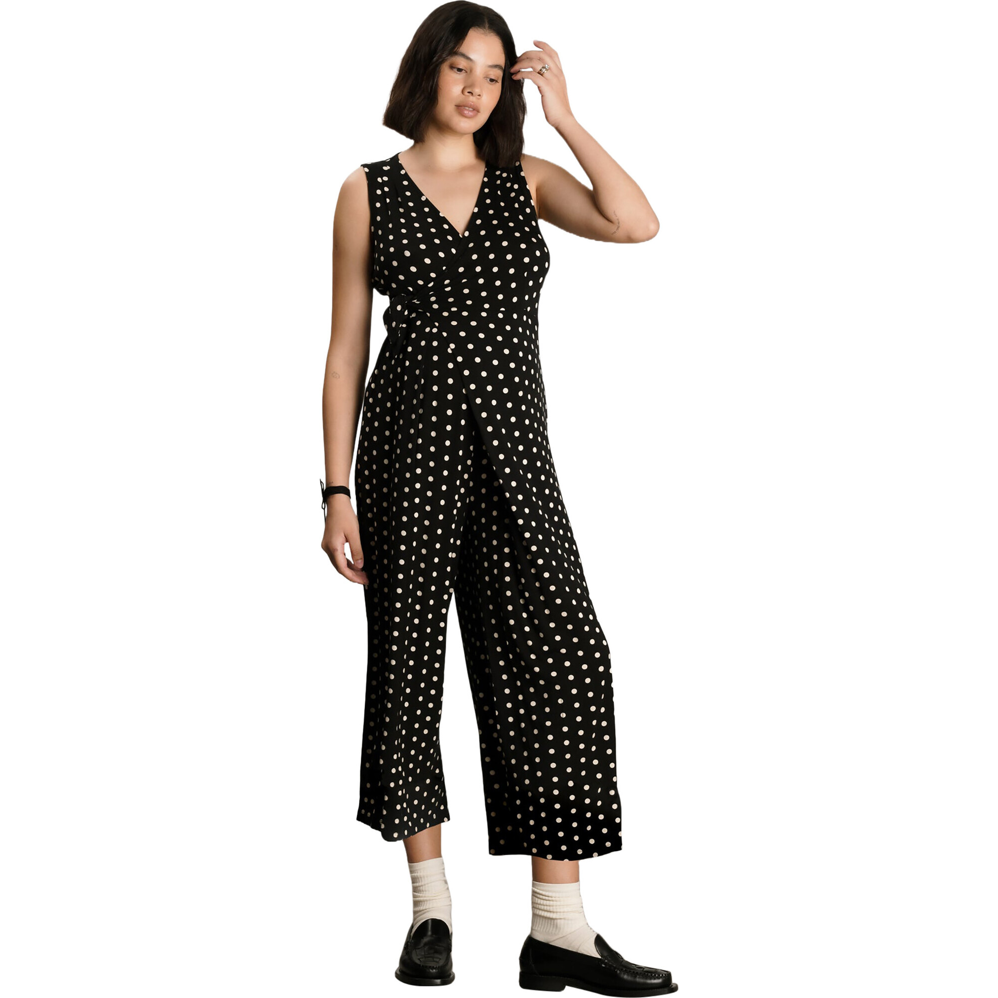 Women's Maternity Francesca Polka Dot Sleeveless Wrap-Tie Jumpsuit, Black - Jumpsuits - 1