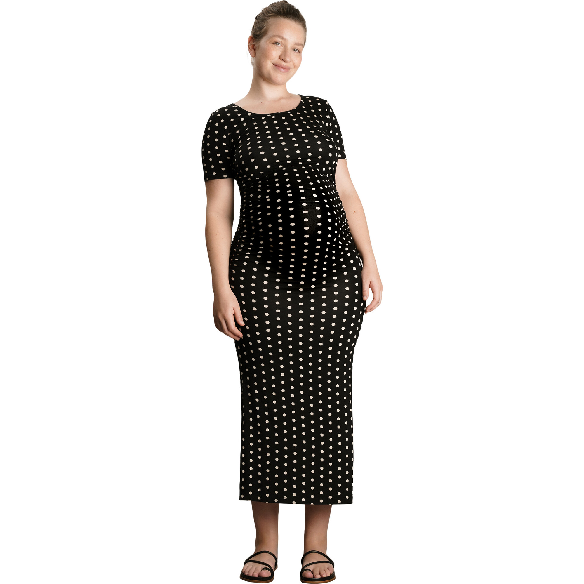 Women's Maternity Hugo Polka Dot Short Sleeve Maxi Dress, Black - Dresses - 1