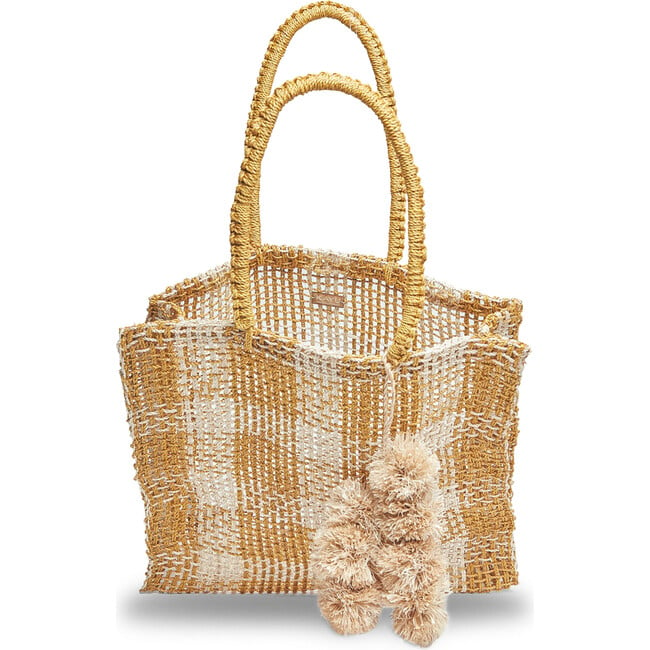 Women's Olive Woven Plaid Abaca Tote, Natural - Bags - 2