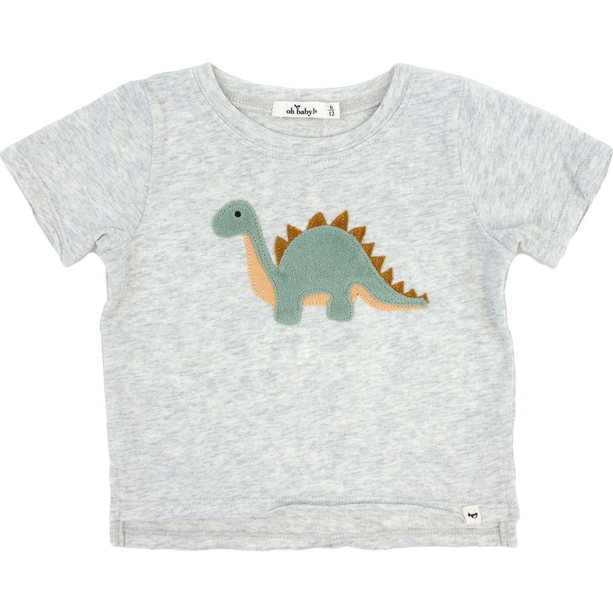 Dinosaur Terry Applique Raw Edge Tee, Heather Gray - T-Shirts - 1