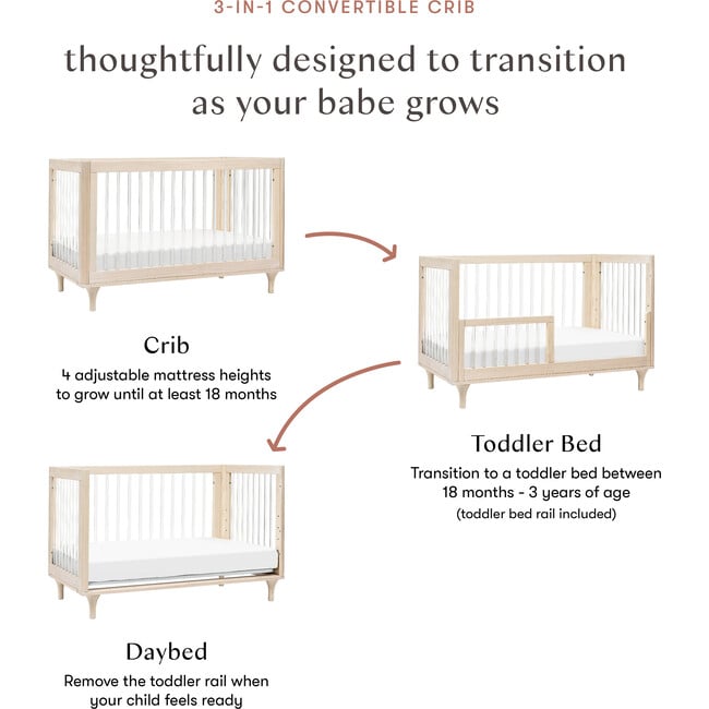 Lolly 3-in-1 Convertible Crib with Toddler Bed Conversion Kit, Washed Natural/Acrylic - Cribs - 9