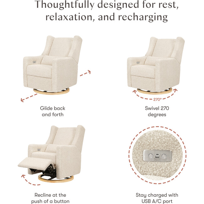 Kiwi Electronic Recliner & Swivel Glider With USB Port, Almond Teddy Loop & Light Wood Base - Nursery Chairs - 8