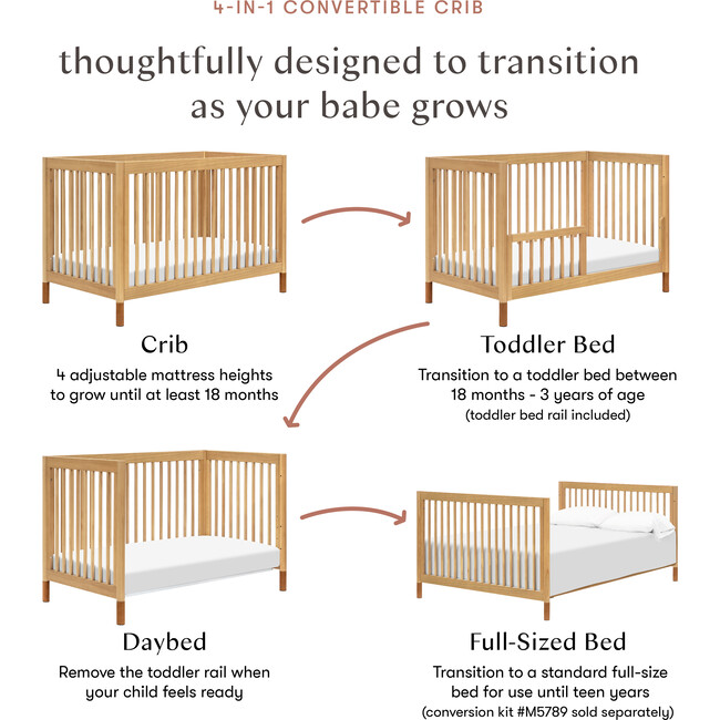 Gelato 4-in-1 Convertible Crib With Toddler Bed Conversion Kit, Honey & Vegan Tan Leather Feet - Cribs - 10