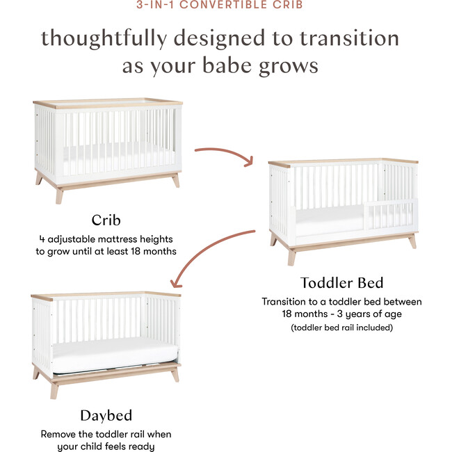 Scoot 3-in-1 Convertible Crib With Toddler Bed Conversion Kit, White/Washed Natural - Cribs - 8