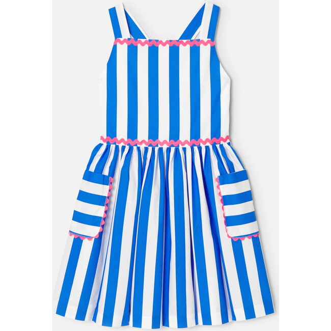 Girl Striped Cross-Over Strap Dress, White & Blue