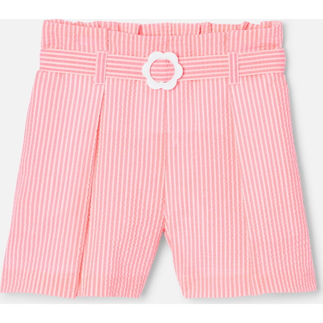 Girl Seersucker Shorts, White & Coral