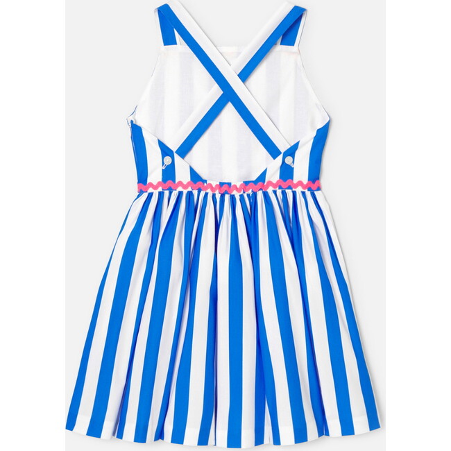 Girl Striped Cross-Over Strap Dress, White & Blue - Dresses - 2