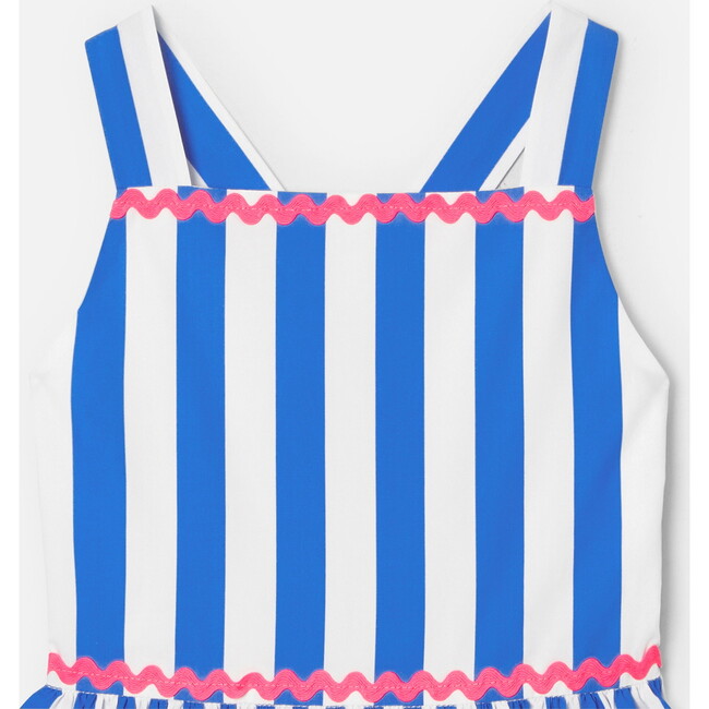 Girl Striped Cross-Over Strap Dress, White & Blue - Dresses - 3