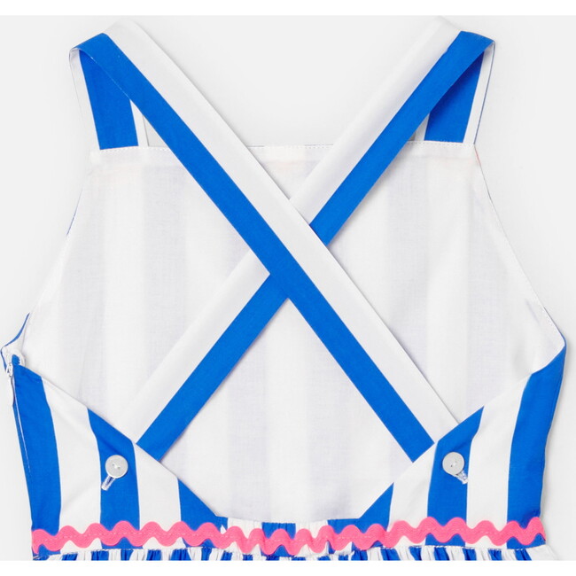 Girl Striped Cross-Over Strap Dress, White & Blue - Dresses - 4