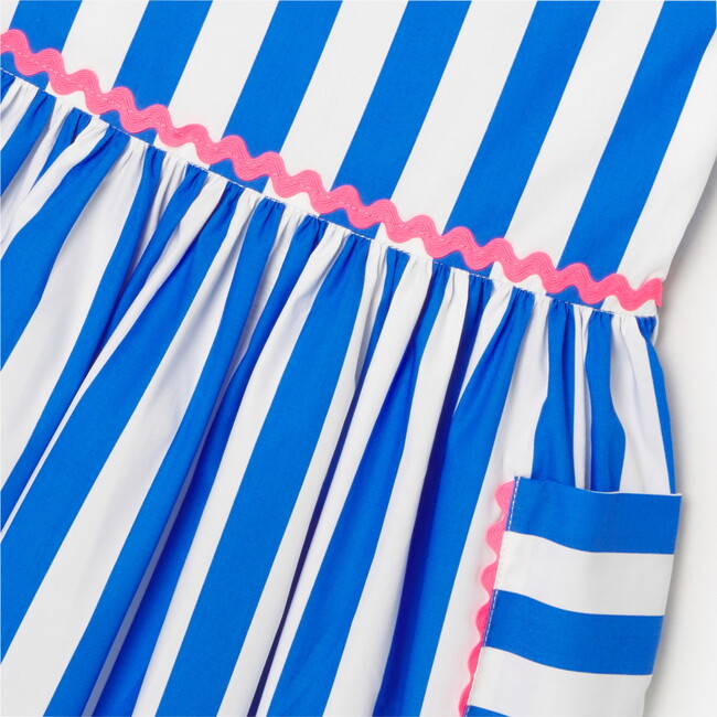 Girl Striped Cross-Over Strap Dress, White & Blue - Dresses - 5