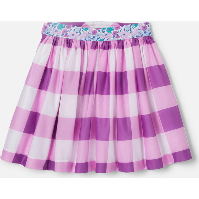 Girl Gingham Gathered Waist Skirt, White & Purple - Skirts - 2