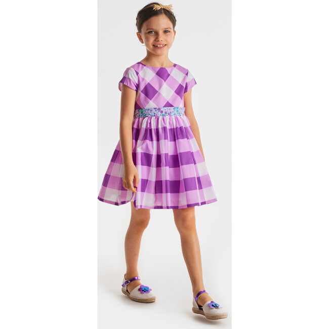 Girl Gingham Dress, White & Purple - Dresses - 6