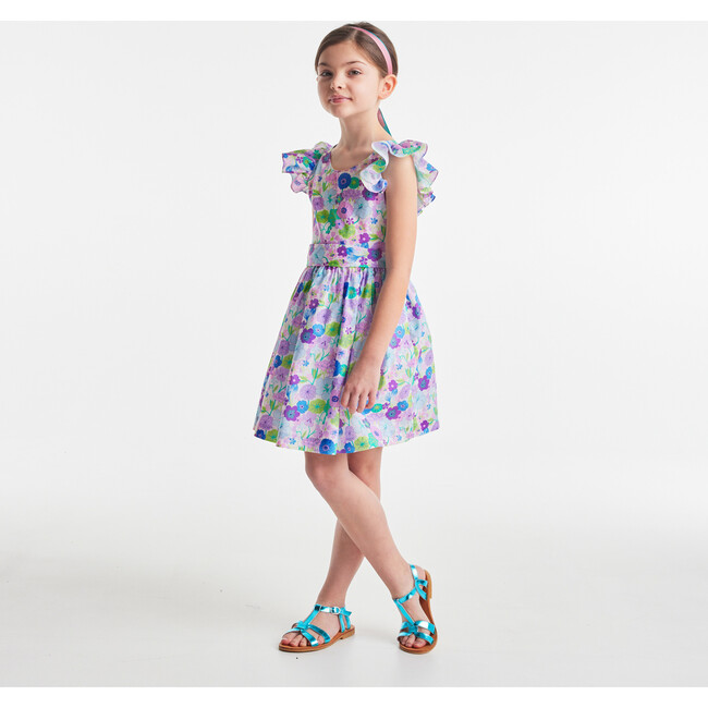 Girl Gathered Waist Halter Dress, White & Multicolours - Dresses - 6