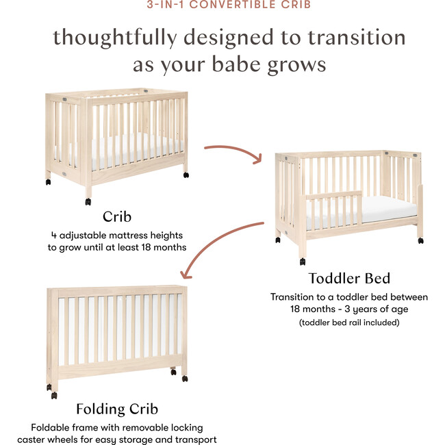 Maki Full-Size Portable Folding Crib with Toddler Bed Conversion Kit, Natural - Cribs - 7