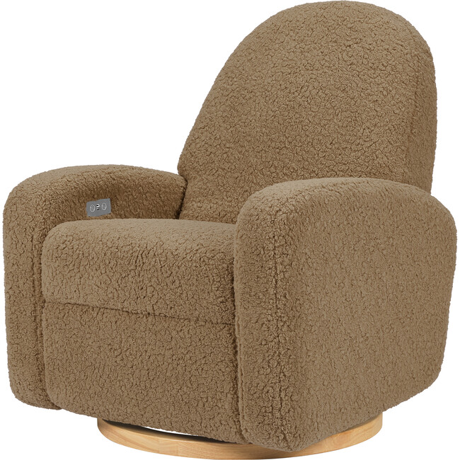 Nami Electronic & Swivel Glider Recliner With USB Port, Cortado Shearling & Light Wood Base