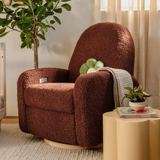 Nami Electronic & Swivel Glider Recliner With USB Port, Rouge Teddy Loop & Light Wood Base - Nursery Chairs - 2