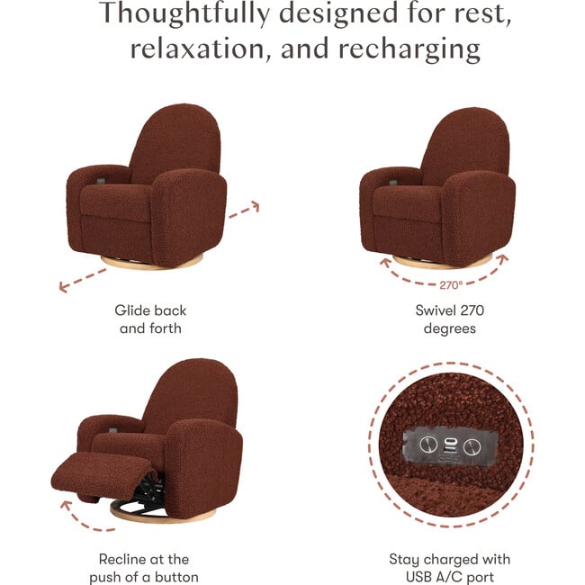 Nami Electronic & Swivel Glider Recliner With USB Port, Rouge Teddy Loop & Light Wood Base - Nursery Chairs - 6