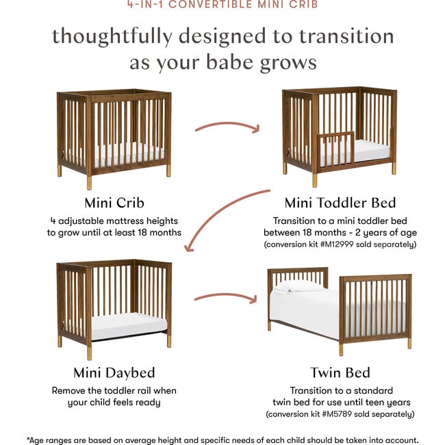 Gelato 4-in-1 Convertible Mini Crib, Natural Walnut & Gold Feet - Cribs - 7