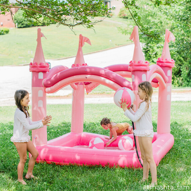 Water Fun Inflatable Castle Kiddie Pool & Sprinkler Play Center with Pump & Beach Balls, Pink - Water Toys - 5