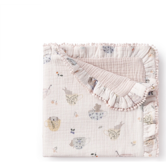 Tea Party Picnic Organic Muslin Lace Edge Blankie, Florals