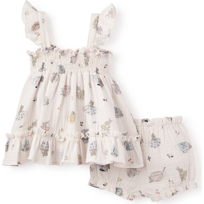 Tea Party Picnic Organic Muslin Smocked Dress & Bloomer Set, Florals - Bloomers - 3