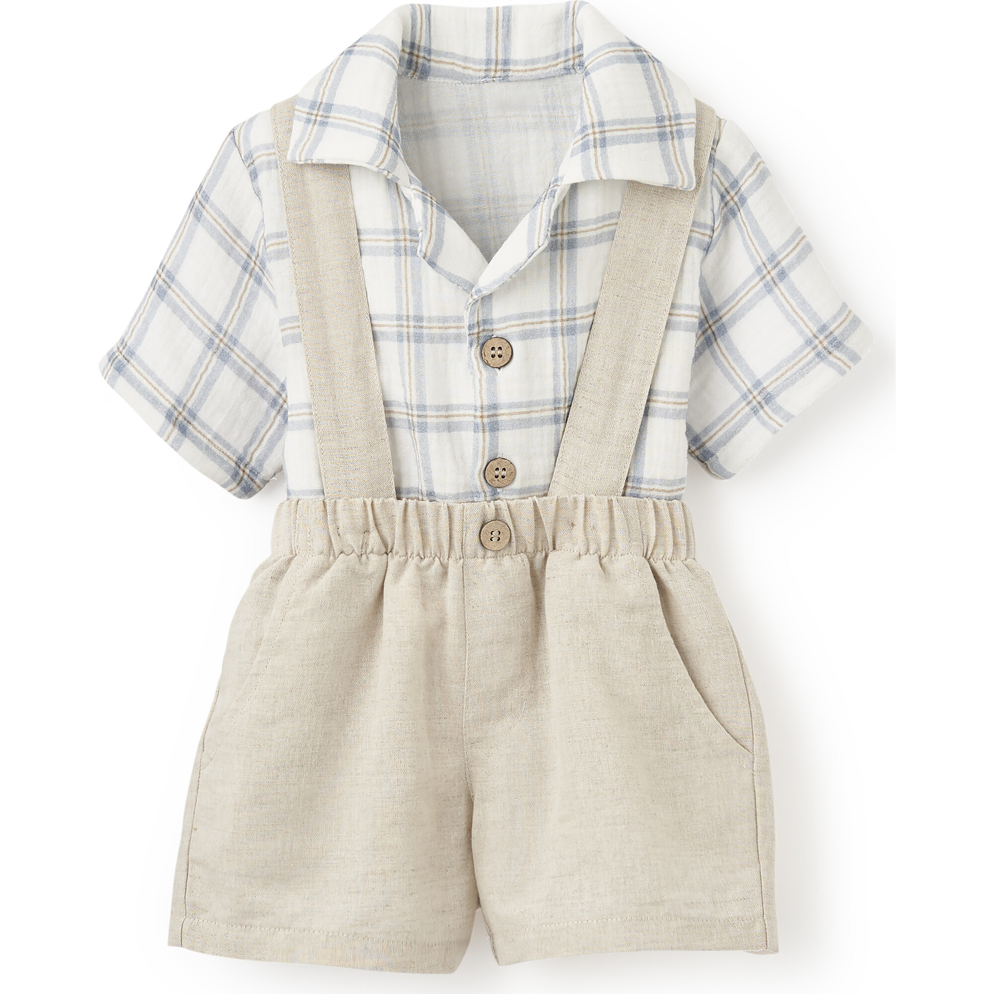 Spring Classics Plaid Muslin Shirt & Linen Suspender Shorts, Plaid - Shorts - 1