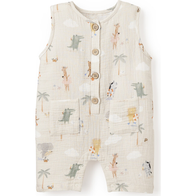 Seaside Safari Organic Muslin Sleeveless Shortall, Tan