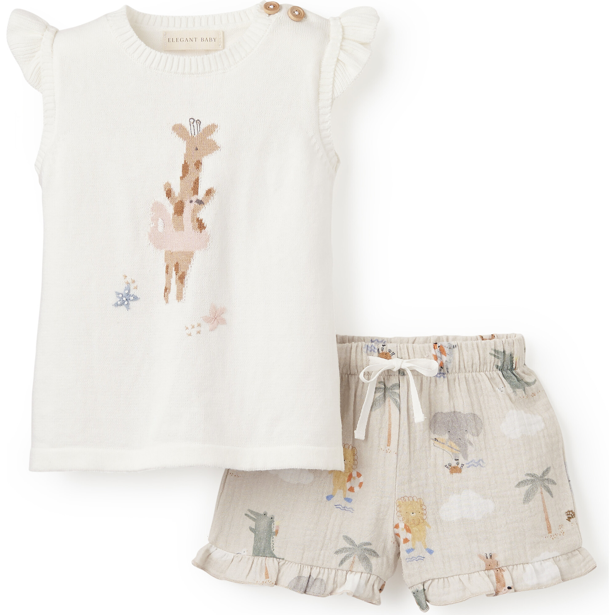 Seaside Safari Giraffe Knit Top & Muslin Short Set, Tan - Shorts - 1