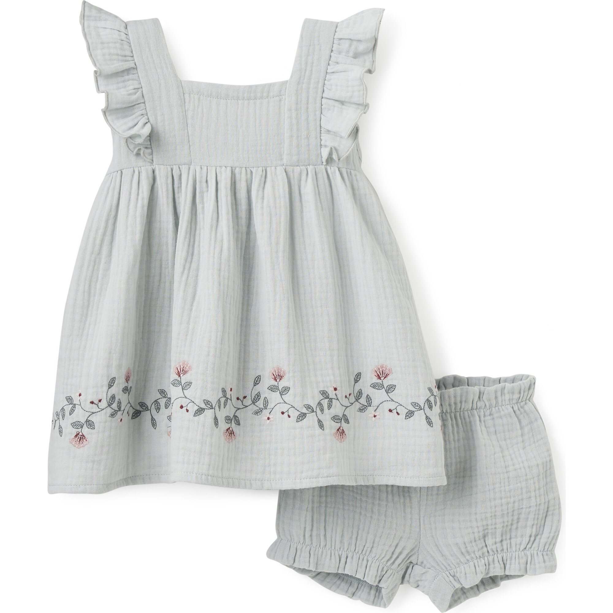 Sea Magic Embroidered Muslin Dress & Bloomer Set, Aqua - Bloomers - 1