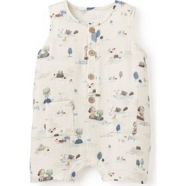 Pond Friends Organic Muslin Sleeveless Shortall, Green