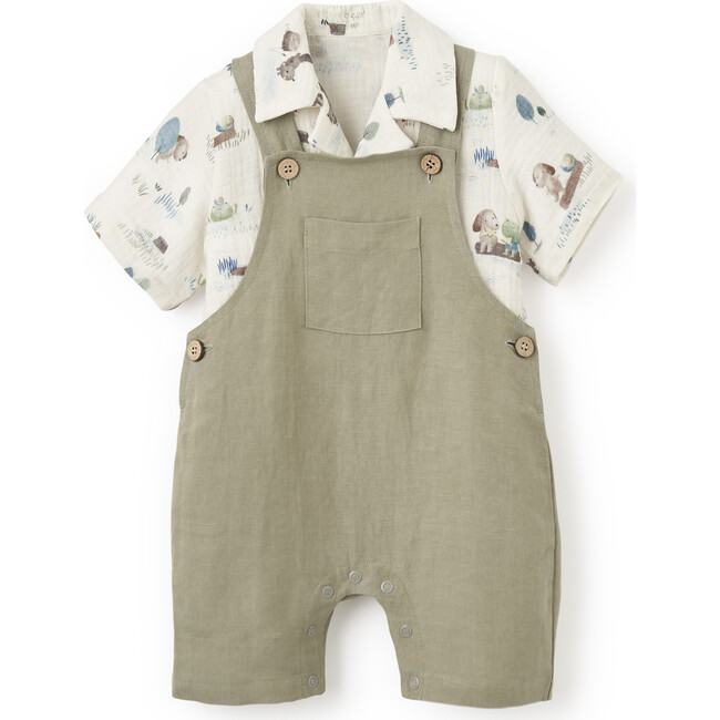 Pond Friends Organic Muslin Camp Shirt & Linen Overall Shorts, Green