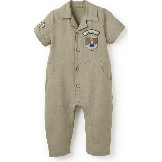 Pond Friends Olive Green Linen Camp Collar Jumpsuit, Green