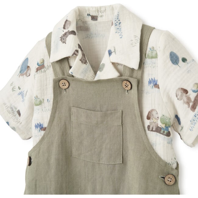 Pond Friends Organic Muslin Camp Shirt & Linen Overall Shorts, Green - Shorts - 2