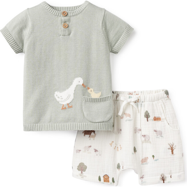 On The Farm Knit Henley Top & Printed Muslin Short Set, Multicolors