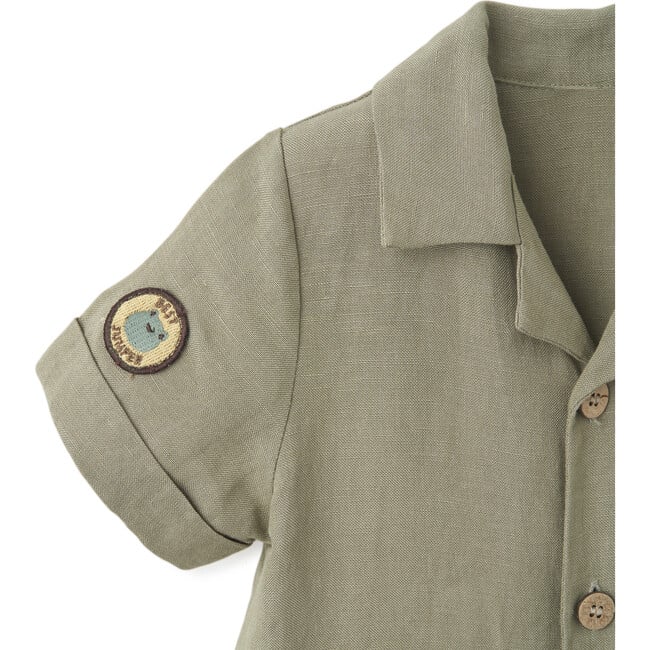 Pond Friends Olive Green Linen Camp Collar Jumpsuit, Green - Overalls - 3