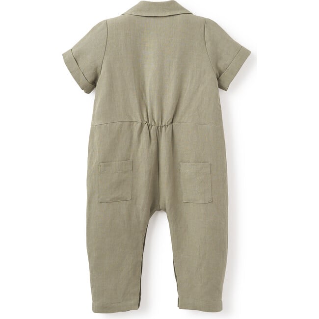 Pond Friends Olive Green Linen Camp Collar Jumpsuit, Green - Overalls - 4