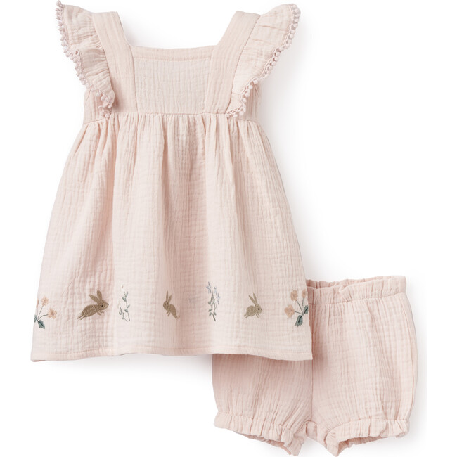 Garden Picnic Organic Muslin Solid Dress With Bloomer Set, Pink