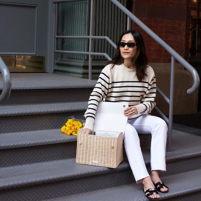 Women's Hand-Woven Wicker Large Luncher, White & Natural - Lunchbags - 5