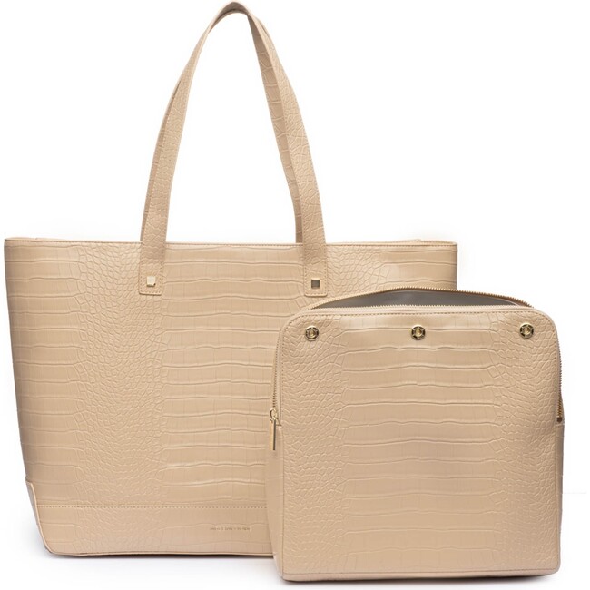 Women's Faux Croc Tote With Removable Pouch, Cream - Lunchbags - 3