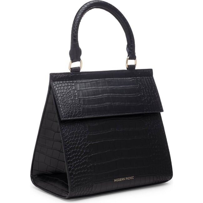 Women's Faux Croc Flap Open Luncher, Black - Lunchbags - 2