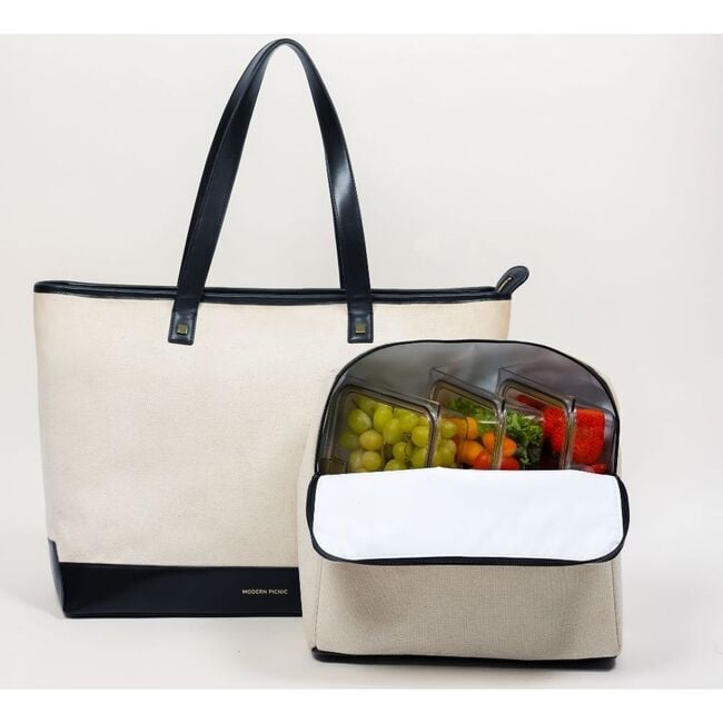 Women's Canvas Tote With Removable Pouch, Cream & Black - Lunchbags - 8